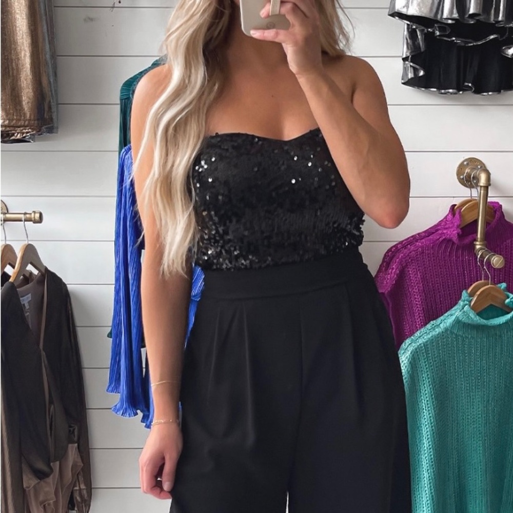 ⭐️ Black Sequin Strapless Top Floor Length Wide Leg Jumpsuit ⭐️